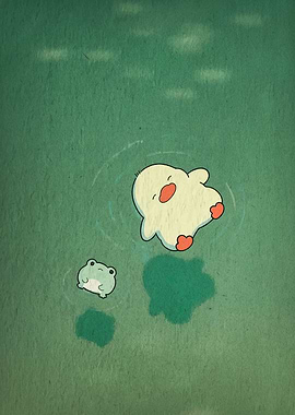 Duck and Frog in Pond Illustration