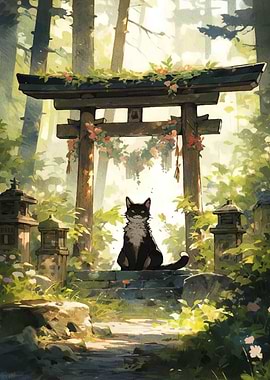 Cat at Torii Gate in Forest