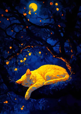 Golden Cat Sleeping in a Tree