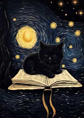 Black Cat on Book, Starry Night