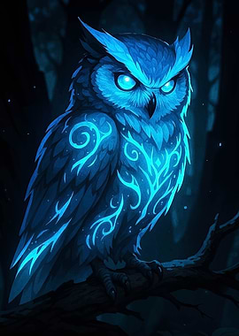 Glowing Blue Owl Perched on Branch