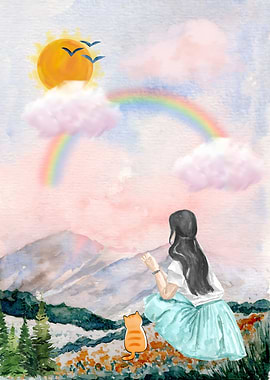 Girl, Cat, and Rainbow Watercolor Painting
