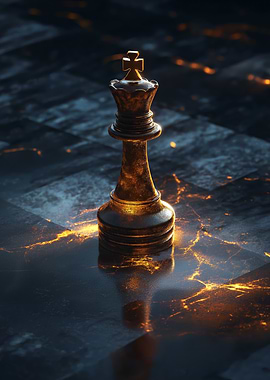 A lone king chess piece on a dark glowing board