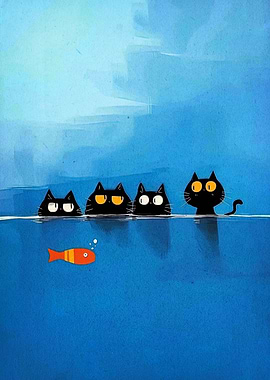 Cartoon Cats Watching a Fish