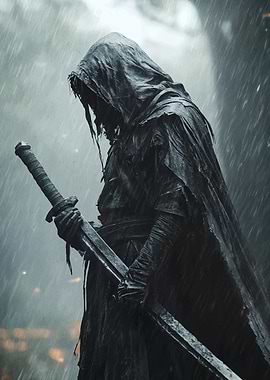 Hooded Warrior in Rain with Sword