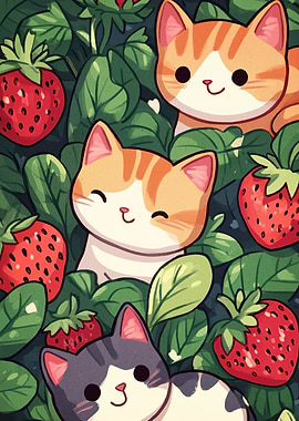 Cats and Strawberries Cartoon
