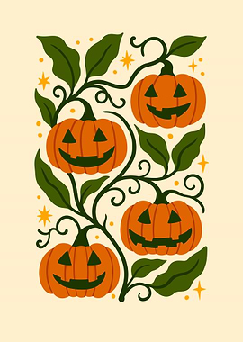 Halloween Pumpkins and Vines Illustration