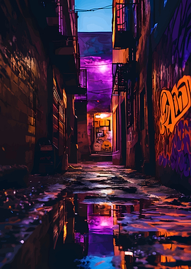 Neon-lit Alleyway with Graffiti and Puddles