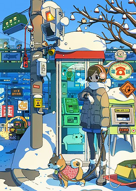 Winter Walk with Dog in Cityscape