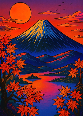 Mount Fuji Landscape Maple Leaves