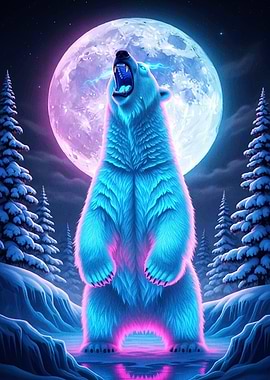Neon Bear Howling Moon
