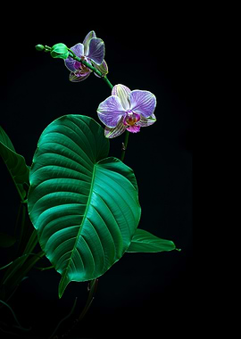 Orchid and Leaf on Black Background
