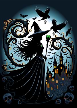 Silhouette Witch with Castle and Ravens