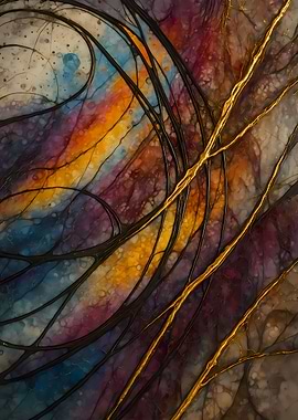 Abstract Porcelain #108 - Abstract Colorful Lines with Gold Accents