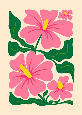 Pink Hibiscus Flowers with Green Leaves