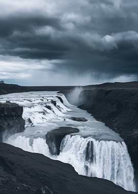 Dramatic Waterfall Landscape Under Stormy Sky