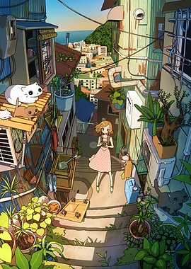 Narrow Street with Girl and Cats