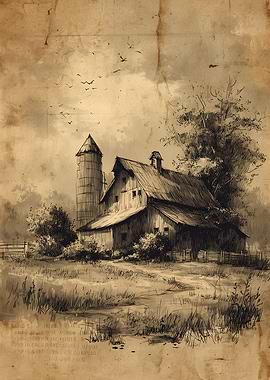 Vintage Farmhouse Sketch with Silo