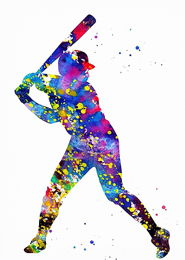 Colorful Baseball Player Watercolor Art