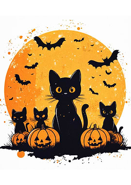 Halloween Cats and Pumpkins Silhouette Art