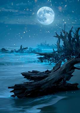 Moonlit Beach with Driftwood and Bioluminescence