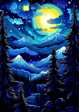 Night Mountain Landscape with Moon