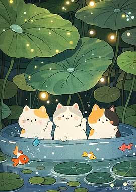 Cats in a pond with fish