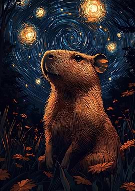 Capybara under Starry Night Sky