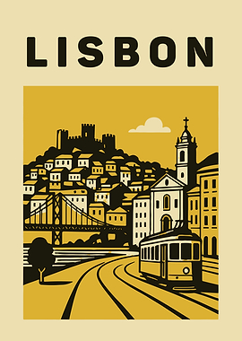 Lisbon Cityscape Vintage Travel Poster