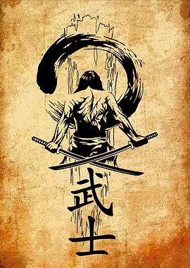 Samurai Warrior with Swords and Calligraphy