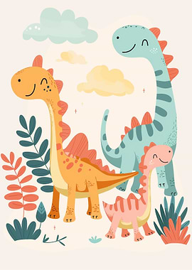 Cute Cartoon Dinosaurs Illustration