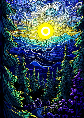 Stylized Forest Landscape with Sun