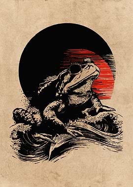 Frog on Waves with Rising Sun