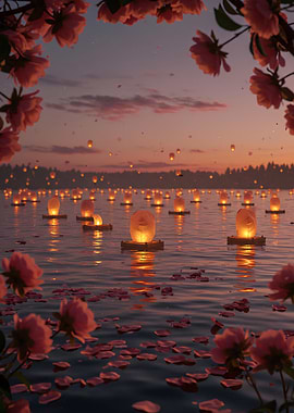Floating Lanterns on Water with Flowers