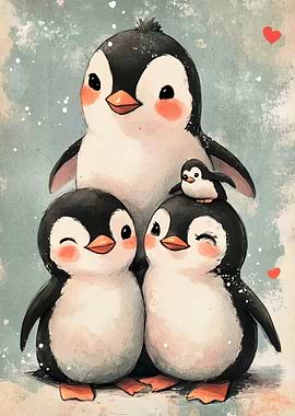 Cute Penguin Family Watercolor Illustration