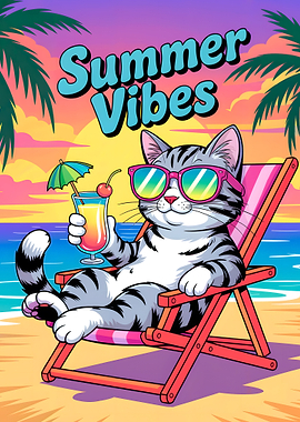 Cat on Beach with Summer Vibes