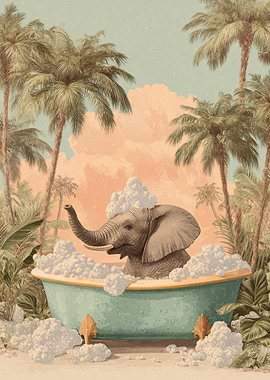 Elephant in Bathtub with Tropical Background