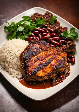 Grilled Pork Chop with Rice and Beans