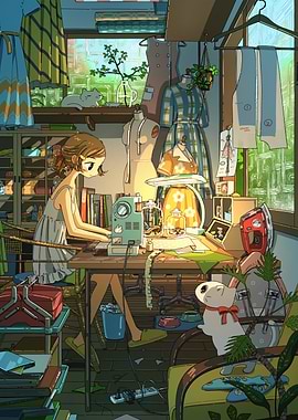 Cozy Sewing Room Anime Illustration