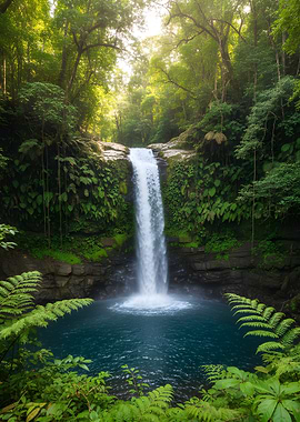 Waterfall and blue pool in Lush Green Forest trees and leaves