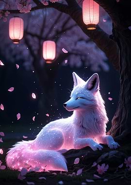 Luminous Fox Under Cherry Blossom Tree