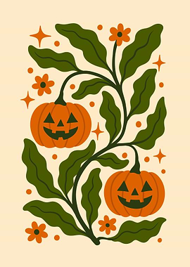 Halloween Pumpkins and Floral Illustration