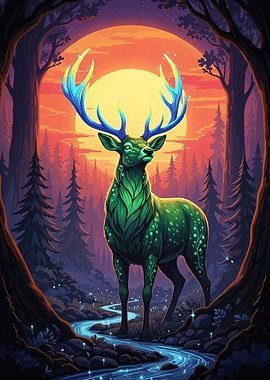Mystical Deer Forest Sunset