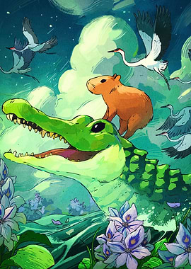 Capybara and Alligator in Floral Scene