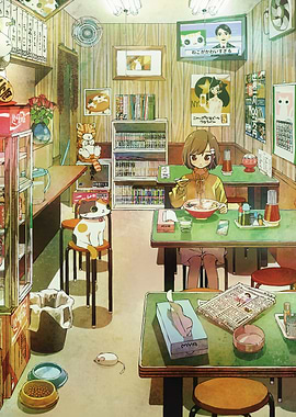 Cozy Anime Restaurant Scene with Girl