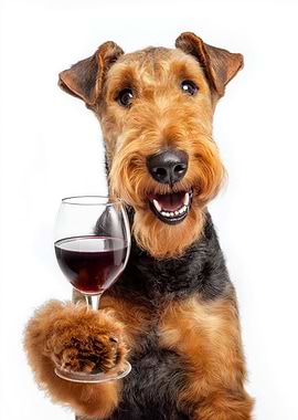 Airedale Terrier with Wine Glass