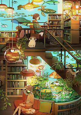 Cozy Library with Aquatic Theme