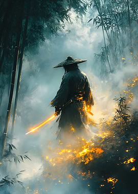 Samurai with Glowing Sword in Bamboo Forest