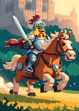 Pixel Art Chicken Knight on Horseback