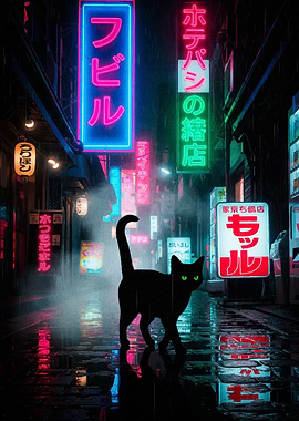 Black Cat in Neon Cityscape